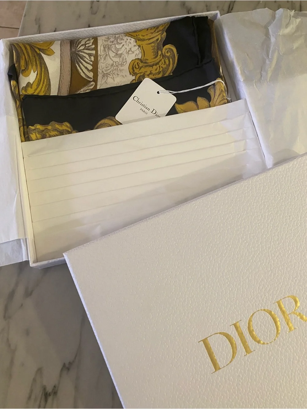 Dior Silk Scarf in Black and Gold Baroque Print
